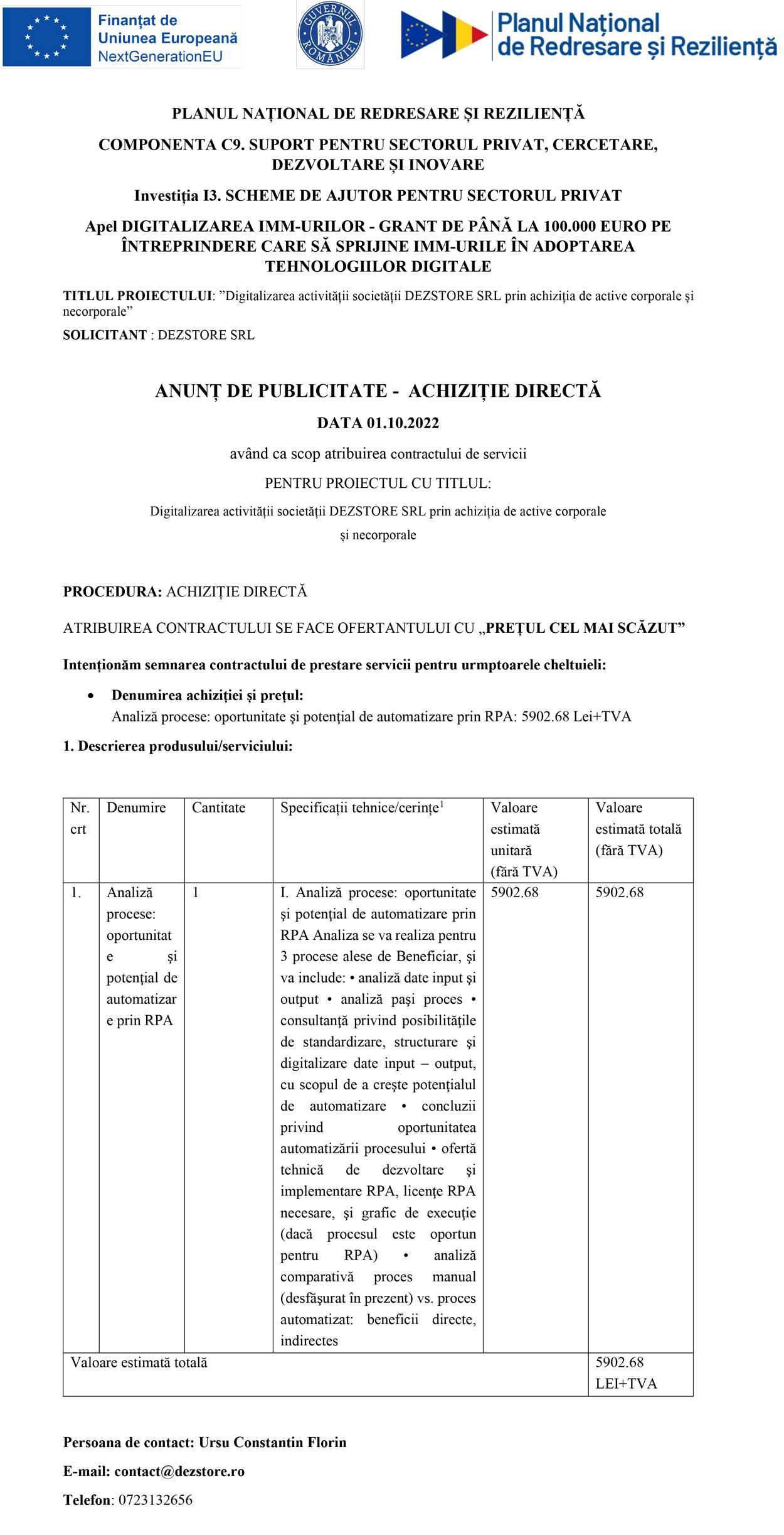 Analiză procese: oportunitate şi potenţial de automatizare prin RPA